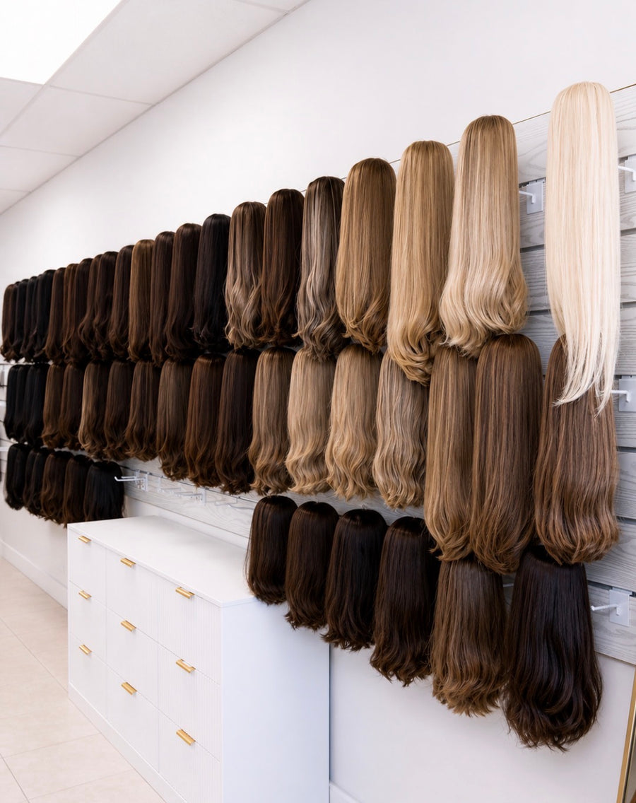Human hair wigs from deep brown to blonde on the Euro Hair Supply showroom wall